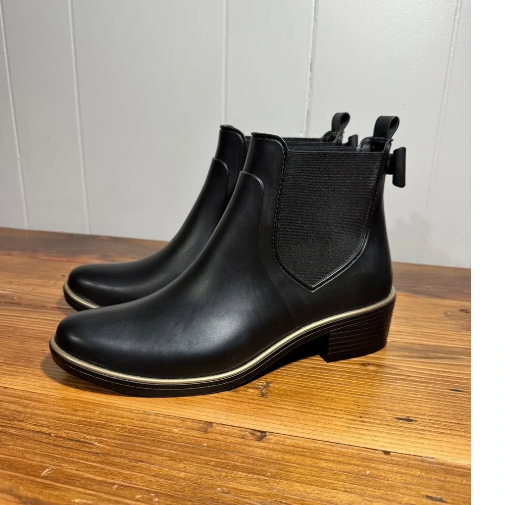 Kate Spade Edimburg Rain Boots Women 8 Black Gold Trim Bow Chelsea Ankle Boot